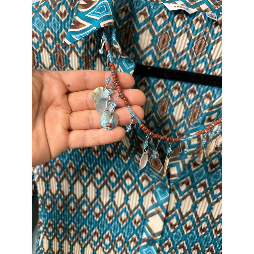 Free‑Spirit GypsyTeal Geometric Button Up Blouse Beaded Shell Charms Size S - Picture 4 of 9